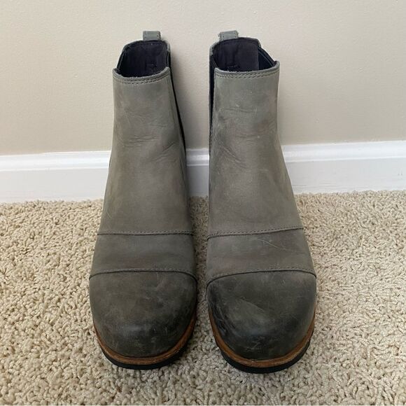 Sorel Lea Wedge Chelsea Ankle Boots Grey Quarry Leather 8.5 - Picture 3 of 6